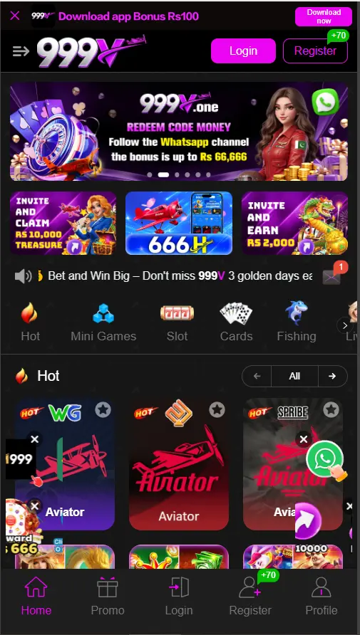 999V Game mobile app interface and gaming options